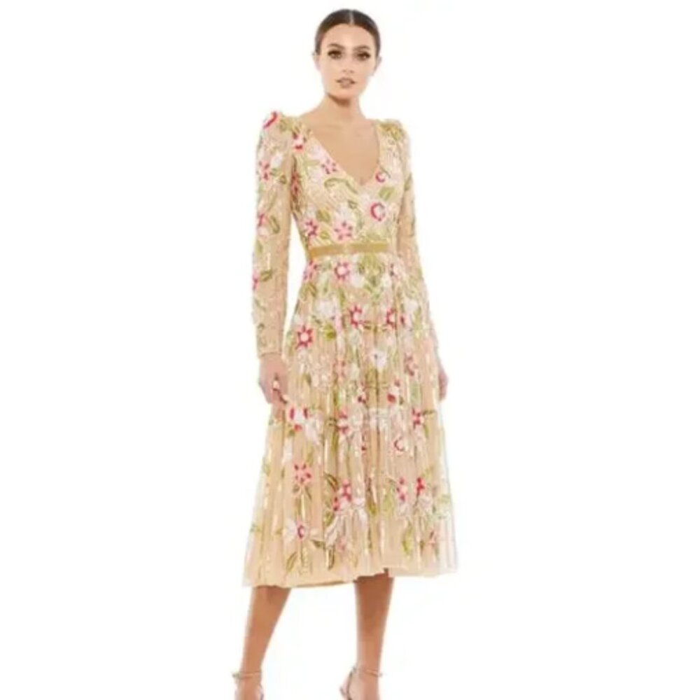 MAC DUGGAL Dress Size 22 Evening Gown Long Sleeve Floral Beaded NEW Midi